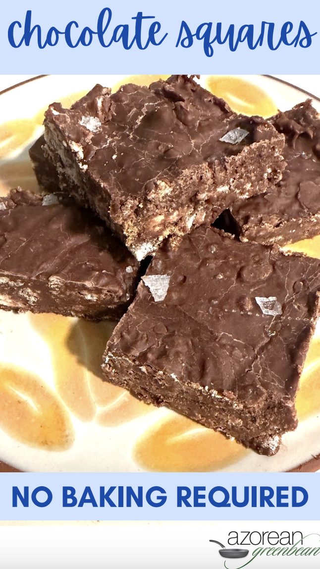 A plate with four square pieces of chocolate dessert, featuring a textured surface. The text above reads "chocolate squares," and below, "NO BAKING REQUIRED." The image is branded "azorean greenbean.