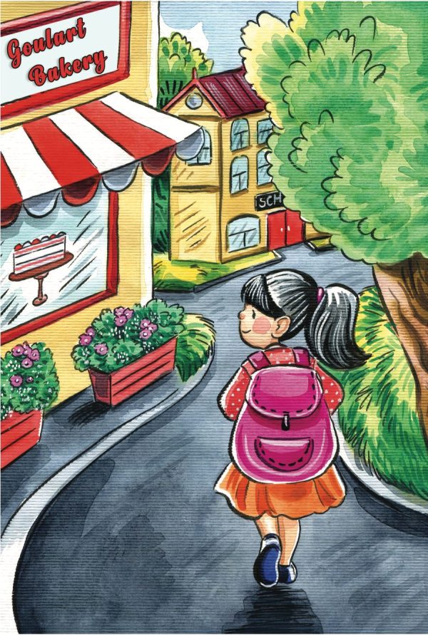 With a pink backpack, a girl walks past a bakery with a red-and-white awning and cake sign toward a yellow school, shaded by trees and flower boxes—just like in "Baking with Love: Maria and Her Avó's Sweet Recipe for Little Chefs.