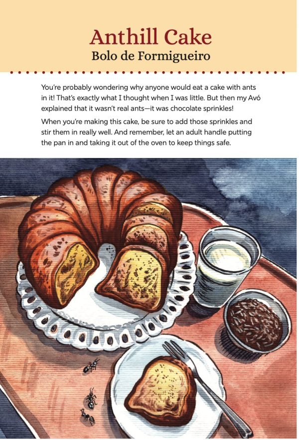A marbled bundt cake sits on a plate with milk and a fork on a dark wooden table. The page title reads “Baking with Love: Maria and Her Avó's Sweet Recipe for Little Chefs.”.