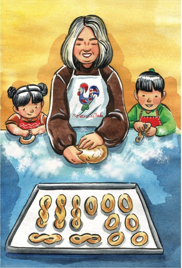 In "Baking with Love: Maria and Her Avó's Sweet Recipe for Little Chefs," an older woman and two children smile as they shape dough into rings at a table, with unbaked treats on a tray in the foreground.
